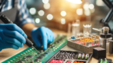 DALL·E 2024-04-29 09.07.08 - An image showcasing an LED PCB assembly service, depicting a technician working on placing LED components on a circuit board. The scene is set in a mo